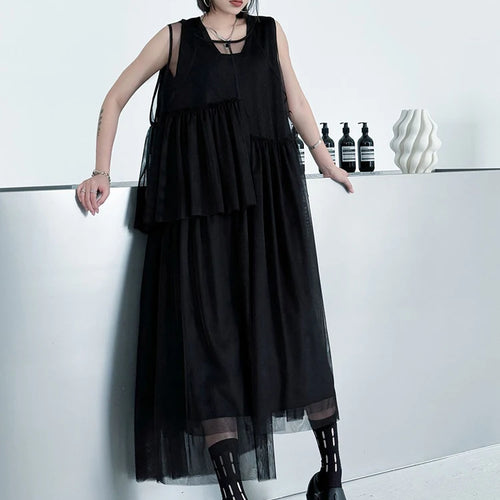 Load image into Gallery viewer, Women Black Khaki Mesh Perspctive Big Size Long Dress New Round Neck Sleeveless Fashion Tide Spring Autumn 2025  1DJ1064
