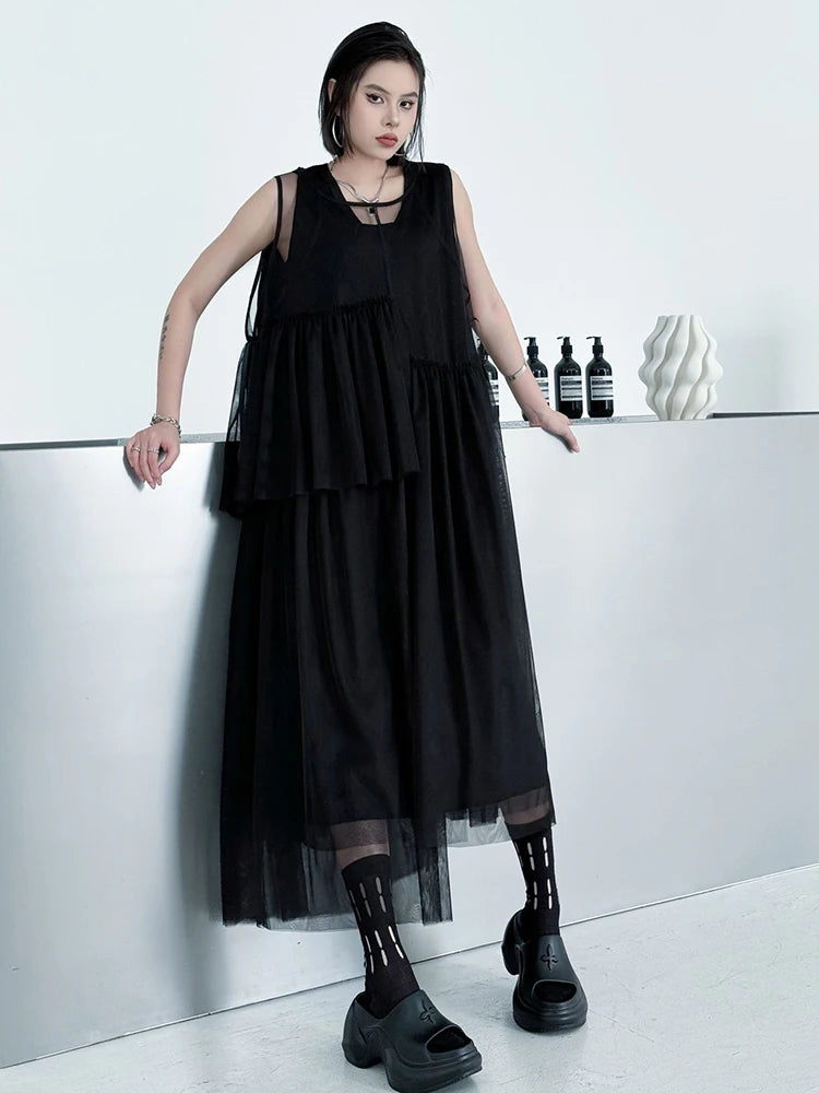 Women Black Khaki Mesh Perspctive Big Size Long Dress New Round Neck Sleeveless Fashion Tide Spring Autumn 2025  1DJ1064