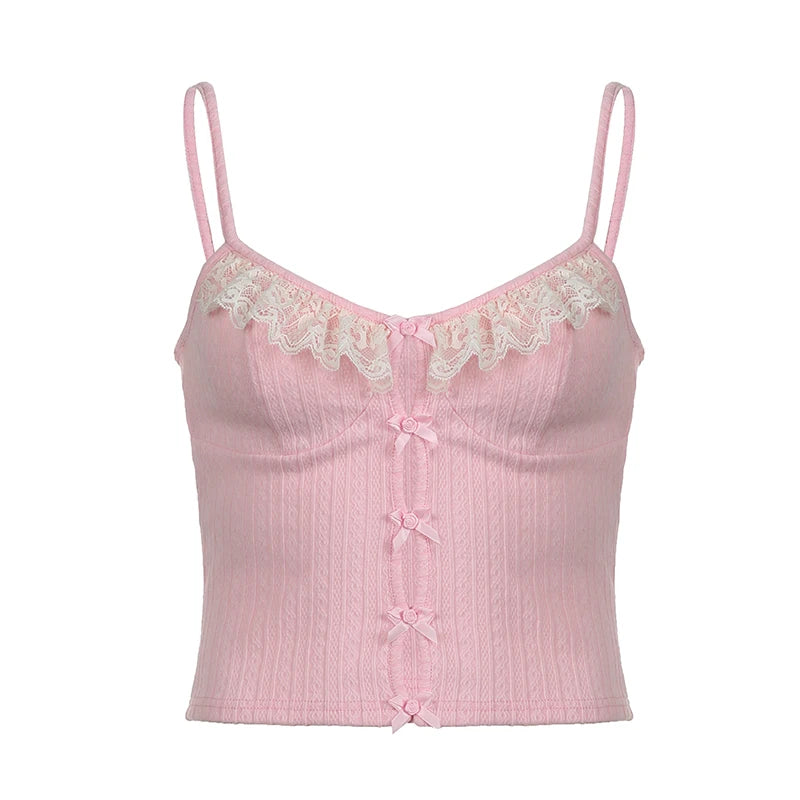 Hotsweet Lace Spliced Pink Summer Crop Tops Short Coquett Clothes Lolita Bow Sexy Camis Kawaii Slim Y2K Clothes Girls