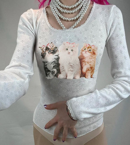 Cute Korean Style Cat Print Knit Autumn Tee Shirt Women Kawaii Lace Trim Slim Spring Autumn T shirt Tops Basic Cloth