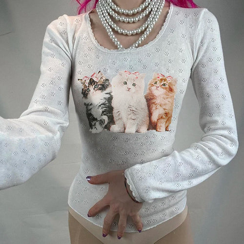 Load image into Gallery viewer, Cute Korean Style Cat Print Knit Autumn Tee Shirt Women Kawaii Lace Trim Slim Spring Autumn T shirt Tops Basic Cloth
