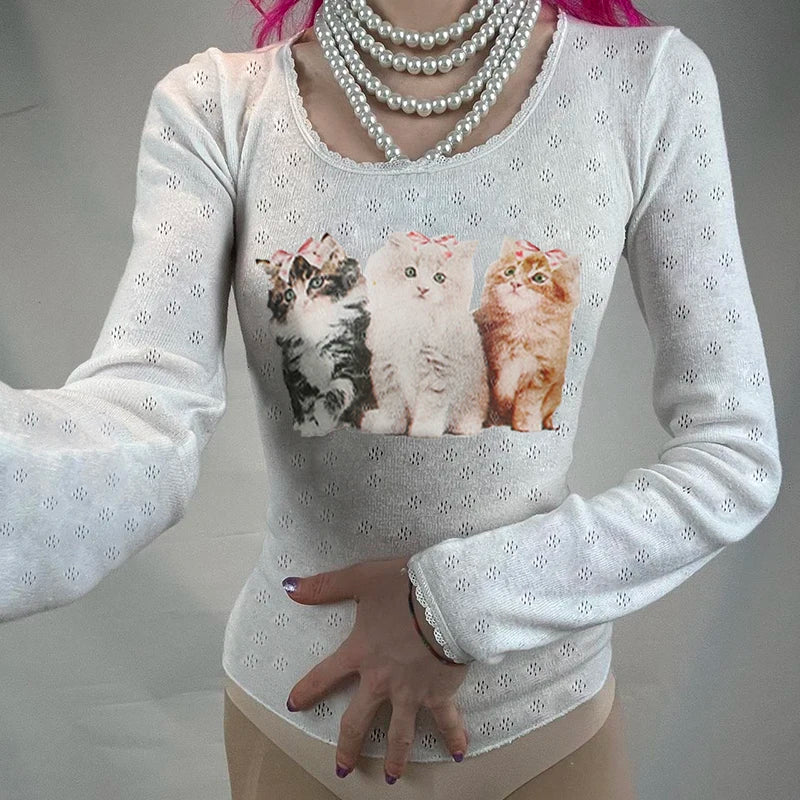 Cute Korean Style Cat Print Knit Autumn Tee Shirt Women Kawaii Lace Trim Slim Spring Autumn T shirt Tops Basic Cloth