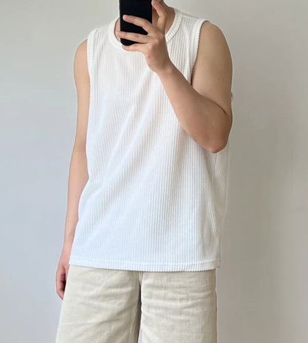 Summer Simple Male Sleeveless Top Loose Solid Color Stripe Casual Vest Stylish Men's T-shirt Pullover 9C5985
