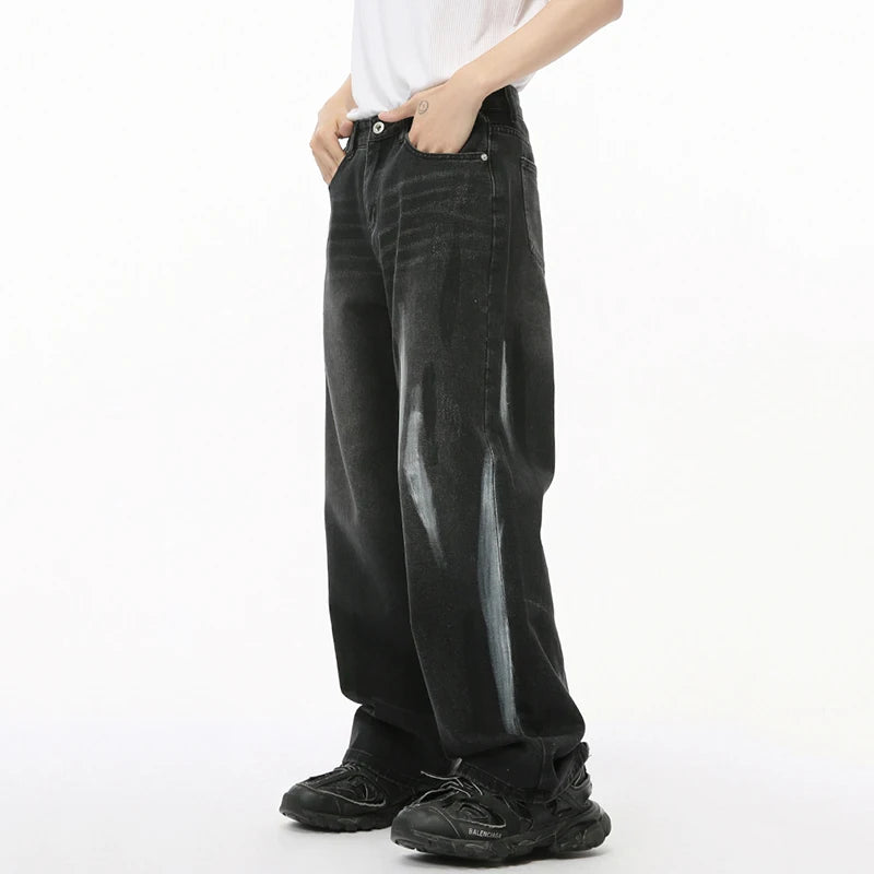 Men's Denim Pants Casual Graffiti Contrast Color Droop Straight Bottom Wide Leg Male Loose Trousers Stylish Niche 9C7208