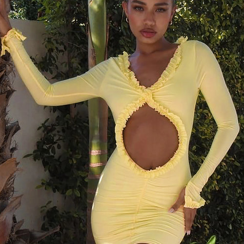 Load image into Gallery viewer, Solid V Neck Long Sleeve Hollow Out Sexy Bodycon Pleated Mini Dress Fall Women Elegant Y2K Outfits Party Festival
