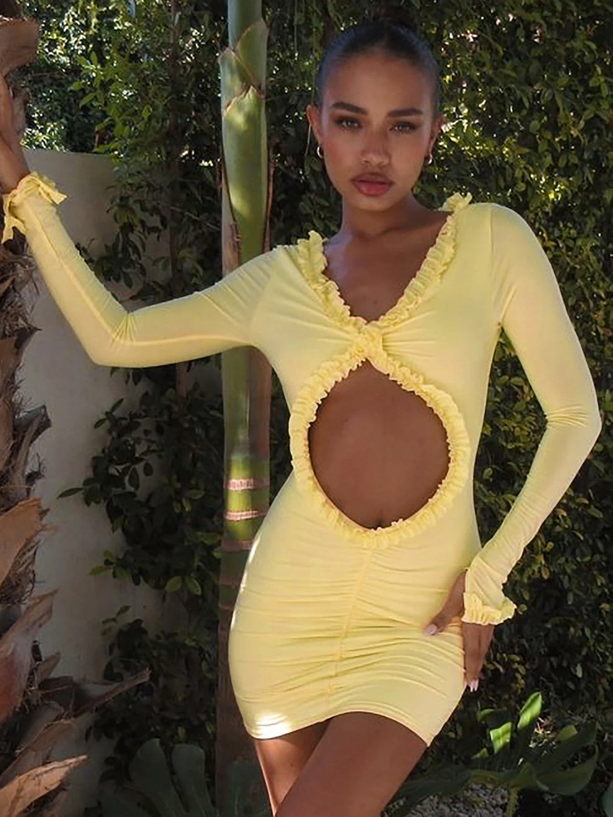 Solid V Neck Long Sleeve Hollow Out Sexy Bodycon Pleated Mini Dress Fall Women Elegant Y2K Outfits Party Festival