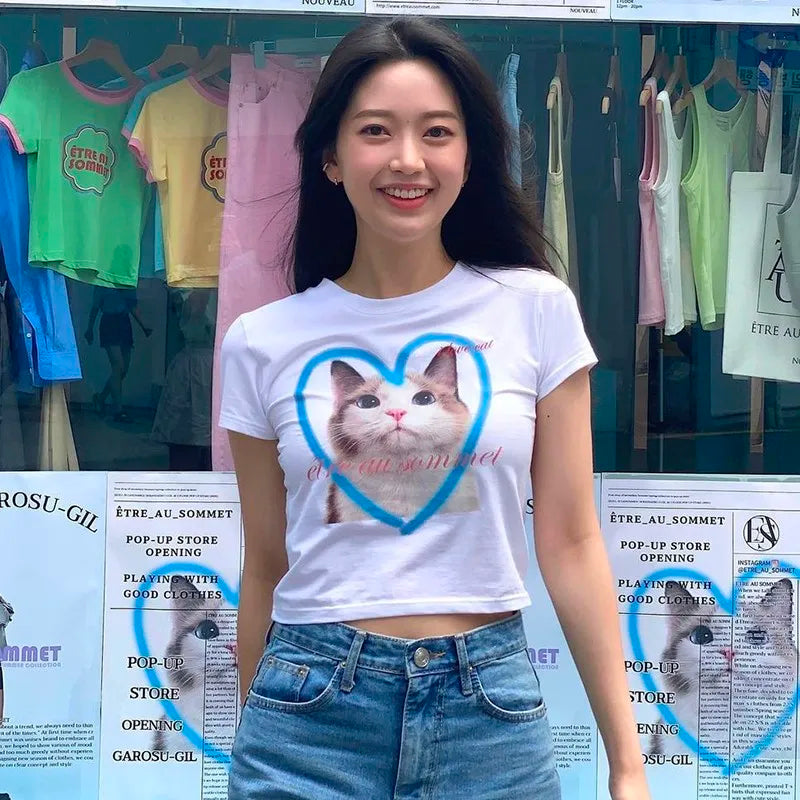 Y2k Aesthetics Crop Top Korean Fashion Kitten Print T-shirt Kpop Designer Clothes Kawaii Cat Short Sleeve Tshirt Sweet
