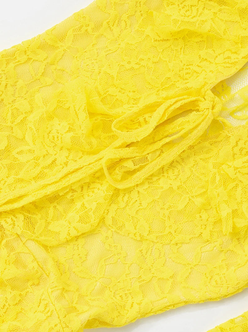 Lace Ruffled Sexy Mini Dress For Women Robe Deep V Neck Flare Long Sleeve Draped A-line Club Party Dress Vestido