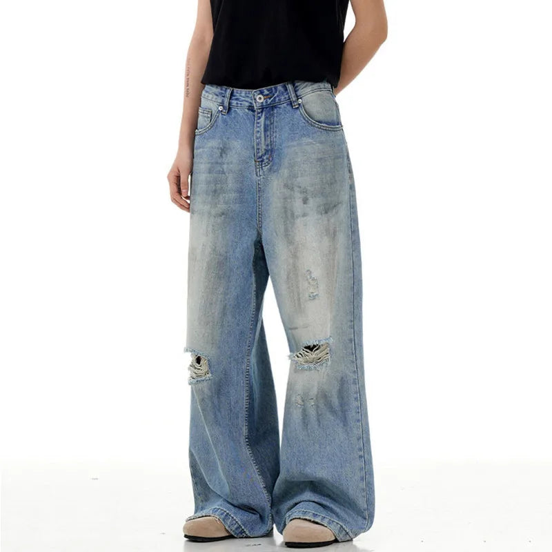 Men's Hole Jeans New American Style Distressed High Street Ripped Jeans Street Handsome Straight Wide Leg Summer 9W1719