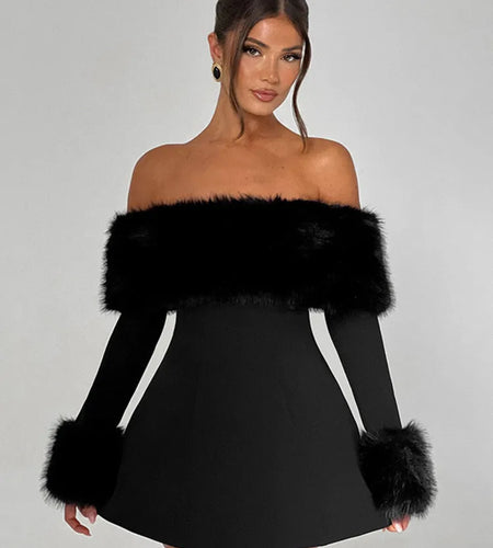 Feather Strapless Long Sleeve Sexy Mini Dress Women Fashion Off-shoulder Backless High Waist Club Party Dress Elegant