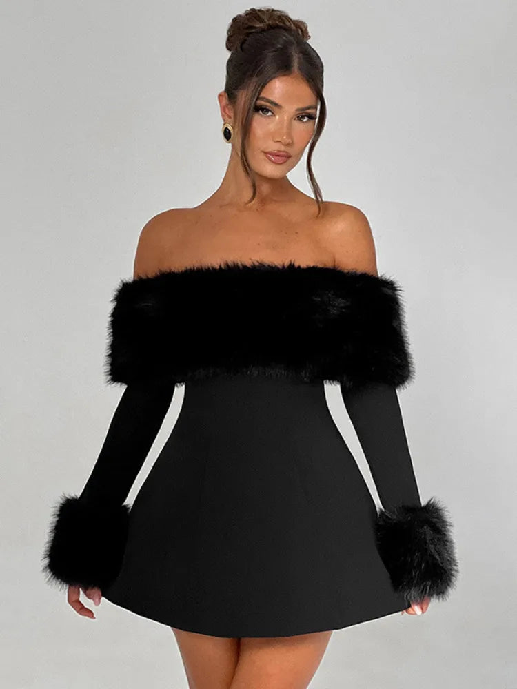 Feather Strapless Long Sleeve Sexy Mini Dress Women Fashion Off-shoulder Backless High Waist Club Party Dress Elegant