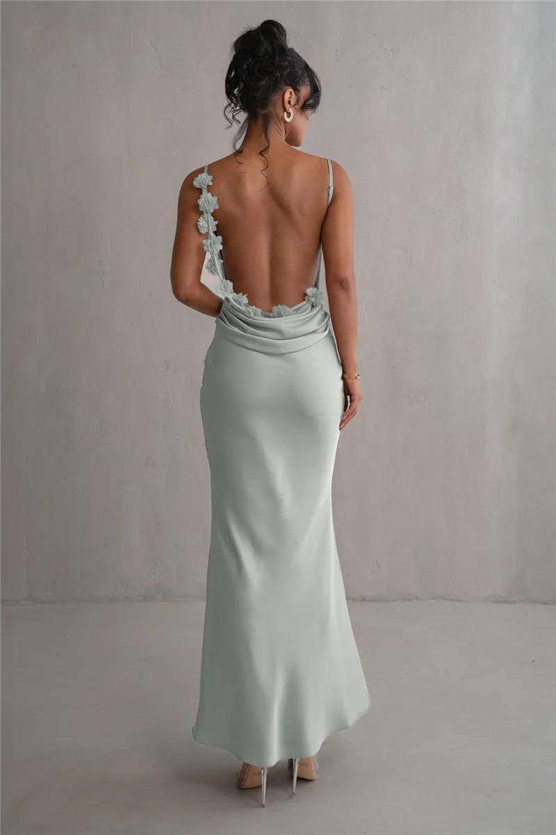 Floral Draped Backless Maxi Long Dress For Women Fashion Spaghetti Strap Sleeveless Bodycon Evening Party Dress Elegant