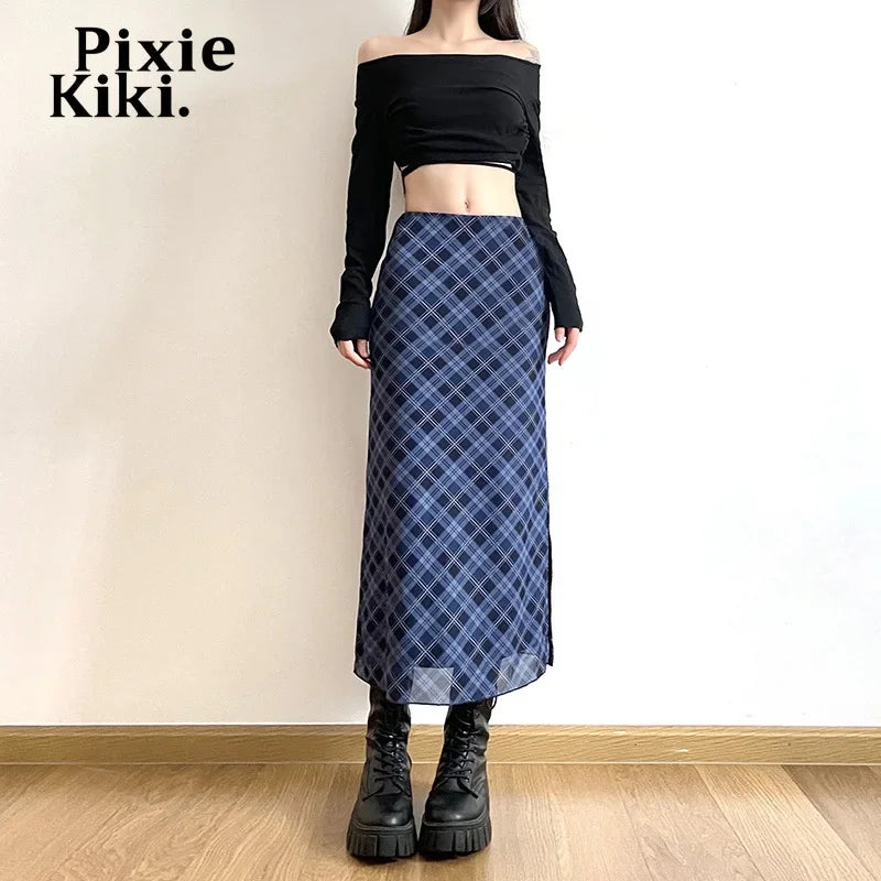 Retro Plaid Print Mesh Slit Long Skirts Woman Korean Clothing High Waist Y2k Skirt Preppy Style Women Bottoms P71-BG24