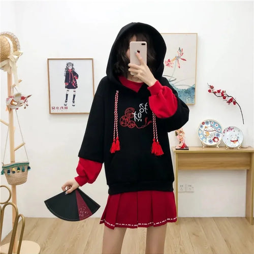 Load image into Gallery viewer, Harakuju Letter Embroidery Hoodies Winter Fleece Thick Long Sleeve Hooded Sweatshirts Sweet Style Pullover Tracksuits
