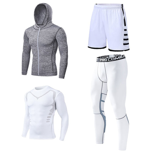 Load image into Gallery viewer, Mens Compression Sportswear Set Gym Running Sport Clothes Tight T-shirt Lycra Leggings Athletics Shorts Fitness Rash Guard Kits v1
