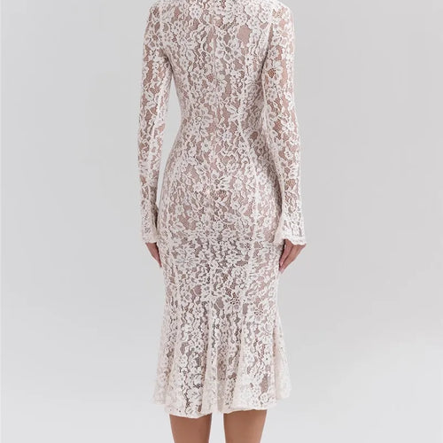 Load image into Gallery viewer, Lace Long Sleeve Sexy Midi Dress For Women Elegant White Half High Collar High Waist Bodycon Club Party Sexy Long Dress
