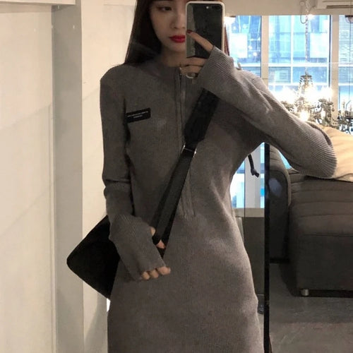 Load image into Gallery viewer, Korean Zip Knitted Bodycon Mini Dress Women Spring Autumn Kpop Casual Wrap Zipper Short Dresses
