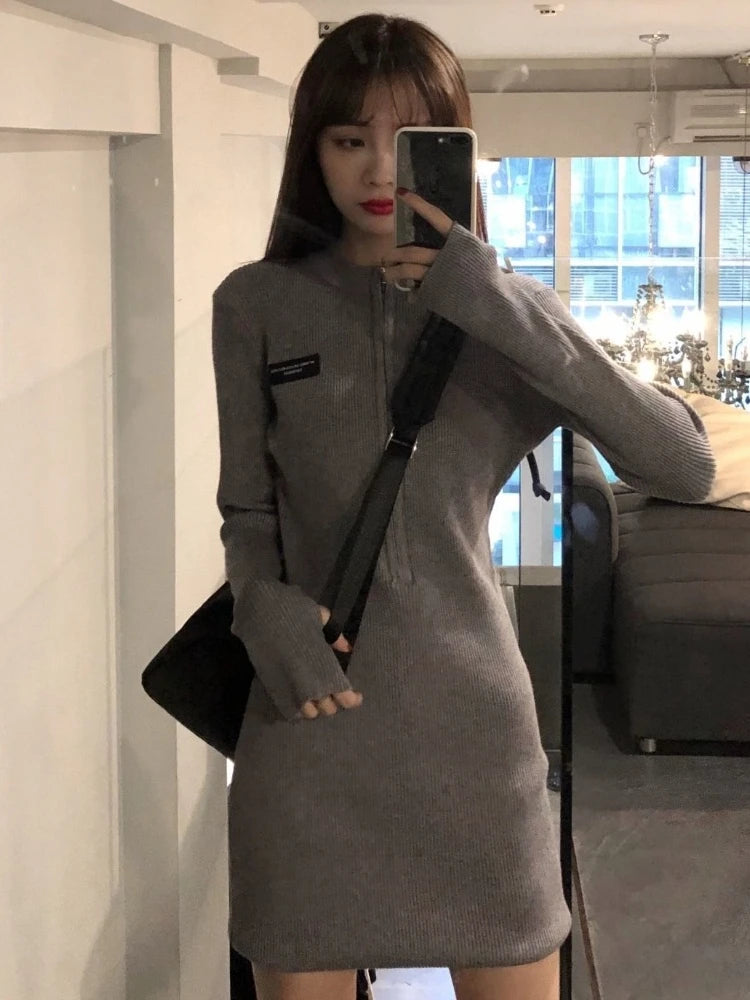 Korean Zip Knitted Bodycon Mini Dress Women Spring Autumn Kpop Casual Wrap Zipper Short Dresses