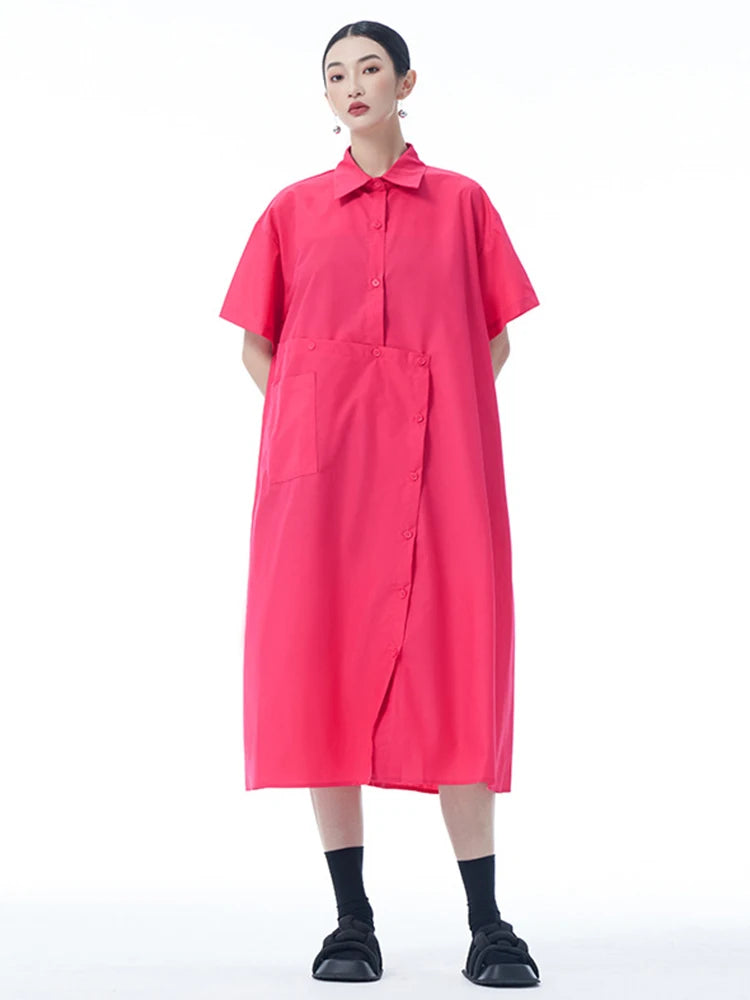 Women Black Irregular Button Big Size Midi Shirt Dress New Lapel Short Sleeve Fashion Tide Spring Summer 2025 1DJ0954