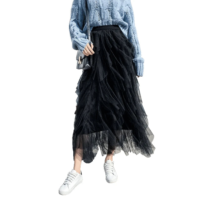 Spring Summer French Fashion Vintage Solid Mesh Slim Fairy Long Skirt Women High Waist Elegant Party Pleated A-line Skirt Simple