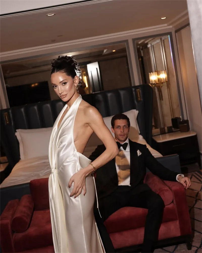 Satin Deep V Neck Backless Sexy Maxi Dress Women Elegant Halter Sleeveless Lace-up High Waist Draped Ruched Long Dress