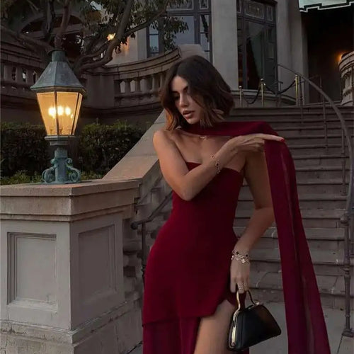 Load image into Gallery viewer, Elegant Strapless Sexy Maxi Dress For Women Gown With Scarf Off-shoulder Sleeveless Backless Split Beach Long Dress
