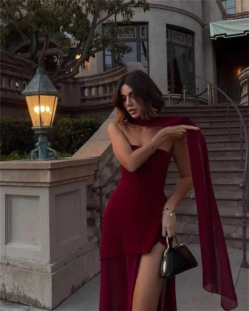 Elegant Strapless Sexy Maxi Dress For Women Gown With Scarf Off-shoulder Sleeveless Backless Split Beach Long Dress