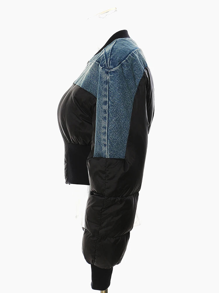 Blue Denim Short Casual Cotton-padded Coat Stand Collar Long Sleeve Women Parkas Fashion New Autumn Winter 2025 1DH4510