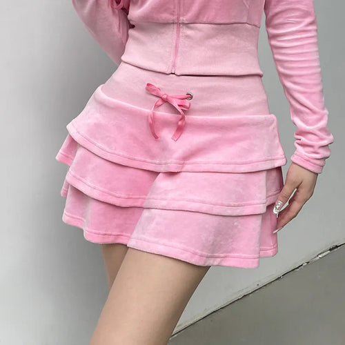 Load image into Gallery viewer, Cutecore Sweet Pink Velour Autumn Skirt Women Korean Shirring High Waist A-Line Skirts Mini Three-Layer Birthday

