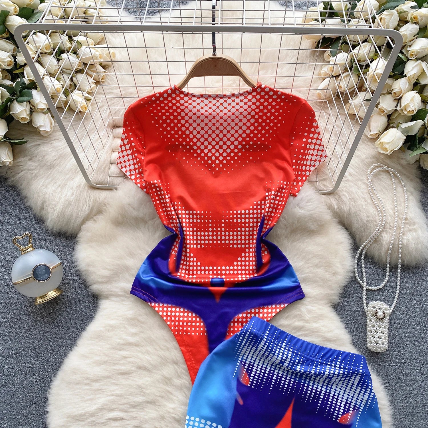 Women Fashion Red Blue Patchwork Print O Neck Short Sleeves Slim Bodysuits+ Elastic Waist Mini Skirts Y2k Retro Two Pieces Suits