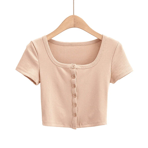 Load image into Gallery viewer, Women Rib Button Through Short Sleeve Top
