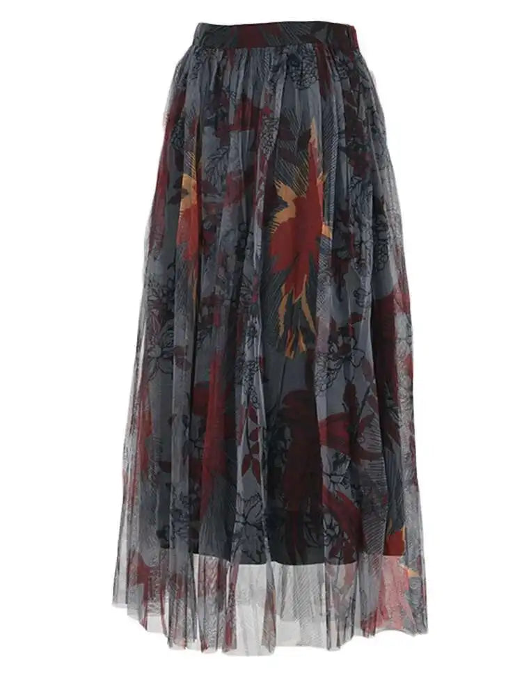 High Waist Black Pattern Printed Mesh Duoble Layers Half-body Skirt Women Fashion Tide New Spring Autumn 2025 2D1323