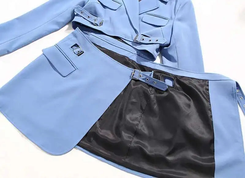 Women Blue Cross Buckle Hollow Out Blazer Dress New Lapel Long Sleeve Loose Fit Fashion Tide Spring Autumn 2025 1DE3323