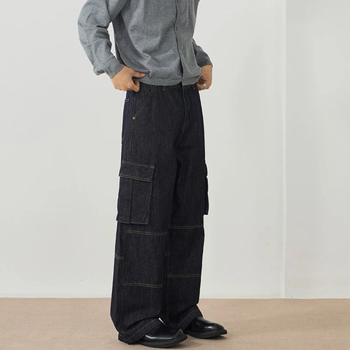 Load image into Gallery viewer, Men's Jeans New American Style Straight Leg Trendy Multi Pockets Line Design Splicing Male Summer Loose Bottoms 9W1900
