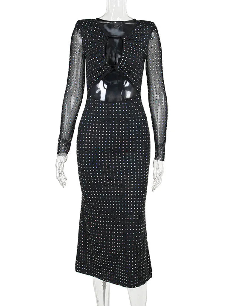Elegant Sequin Sparkle Sexy Maxi Dress For Women Fashion Hollow Out Sheer Long Sleeve Bodycon Club Party Long Dress