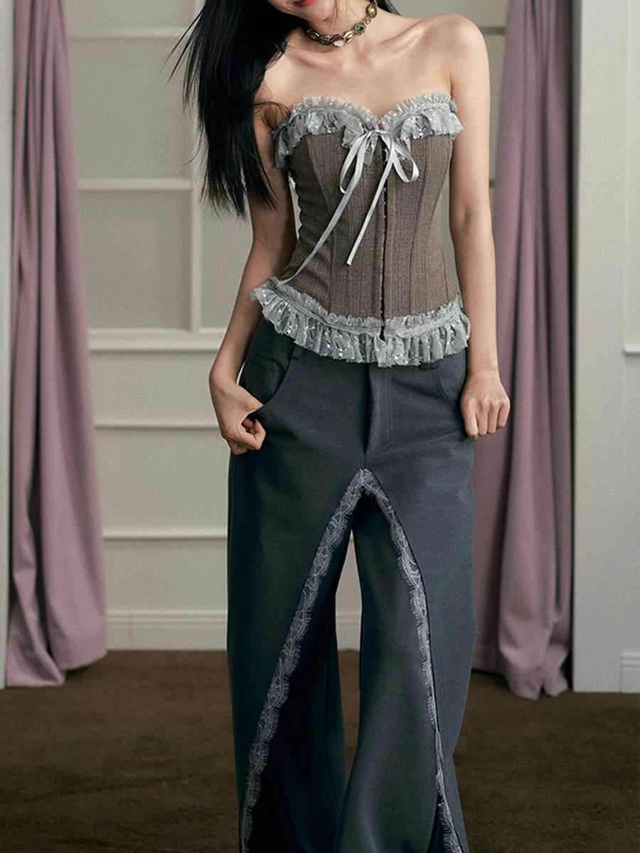 Hit Color Chic Two Piece Set For Women Strapless Sleeveless Vest High Waist Designer Pant Slimming Sets Female New