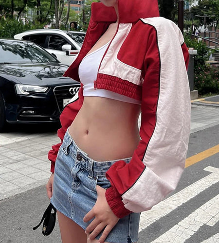 Streetwear Patchwork Zip Up Autumn Jacket Female Moto&Biker Style Turtleneck Short Trench Coat Contrast Color Outfits