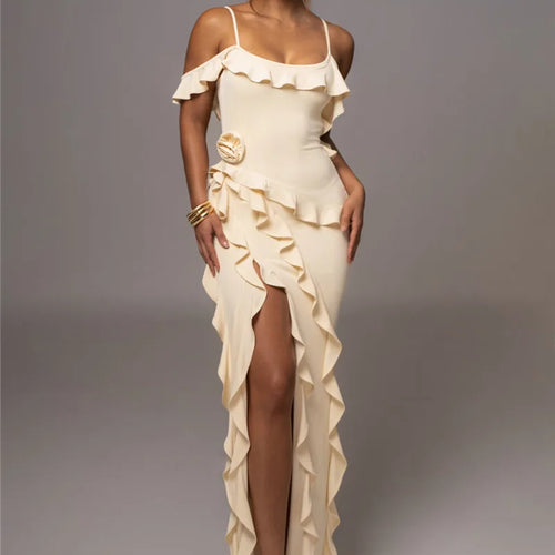 Load image into Gallery viewer, Elegant Ruffle Sexy Maxi Dress Women Spaghetti Strap Flower Sleeveless Backless High Split Club Party Evening Dress
