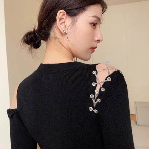 Load image into Gallery viewer, Solid Irregular Sweaters For Women Round Neck Long Sleeve Knitting Off Shoulder Slimming Sweater Female Fashion
