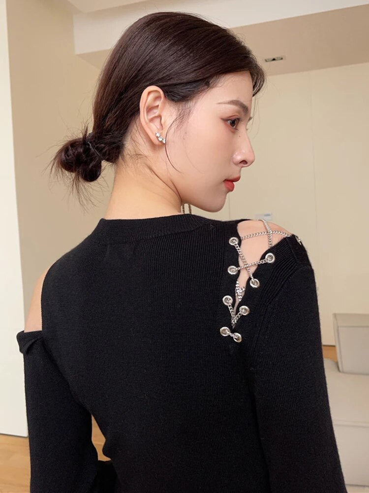 Solid Irregular Sweaters For Women Round Neck Long Sleeve Knitting Off Shoulder Slimming Sweater Female Fashion