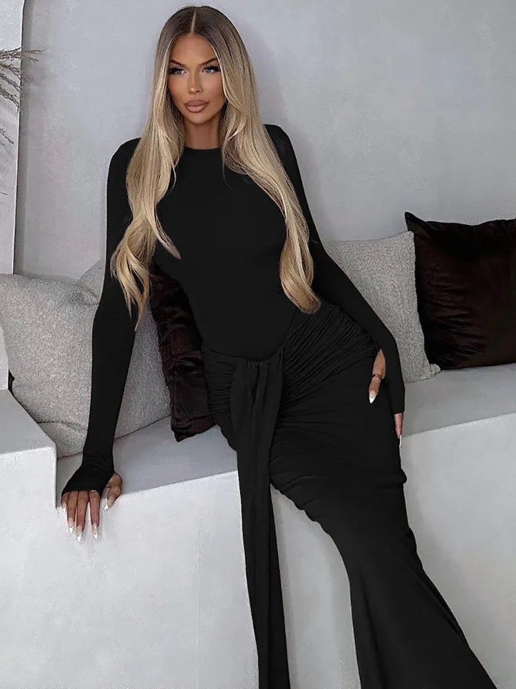 Ruched Draped Sexy Maxi Dress For Women Fashion O Neck Long Sleeve Bodycon Club Party Long Dress Female Elegant Dresses