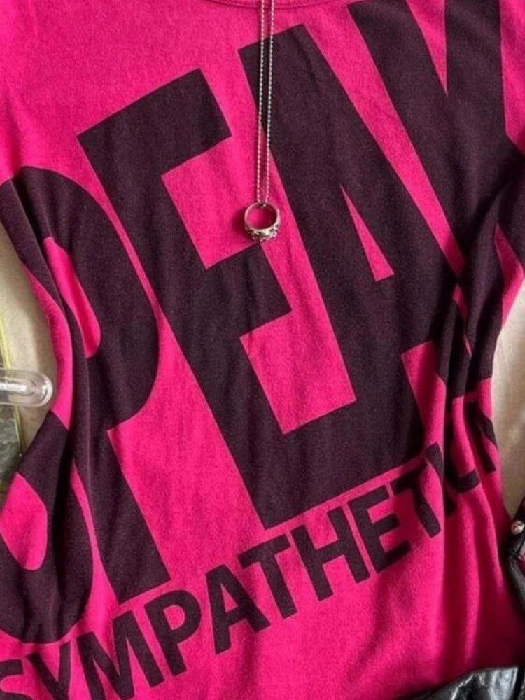 2025 Summer Letter Printing T-shirts Y2k Aesthetic Vintage Casual Fairy Cropped Tops Women Harajuku Grunge Bodycon Rose Red Tees