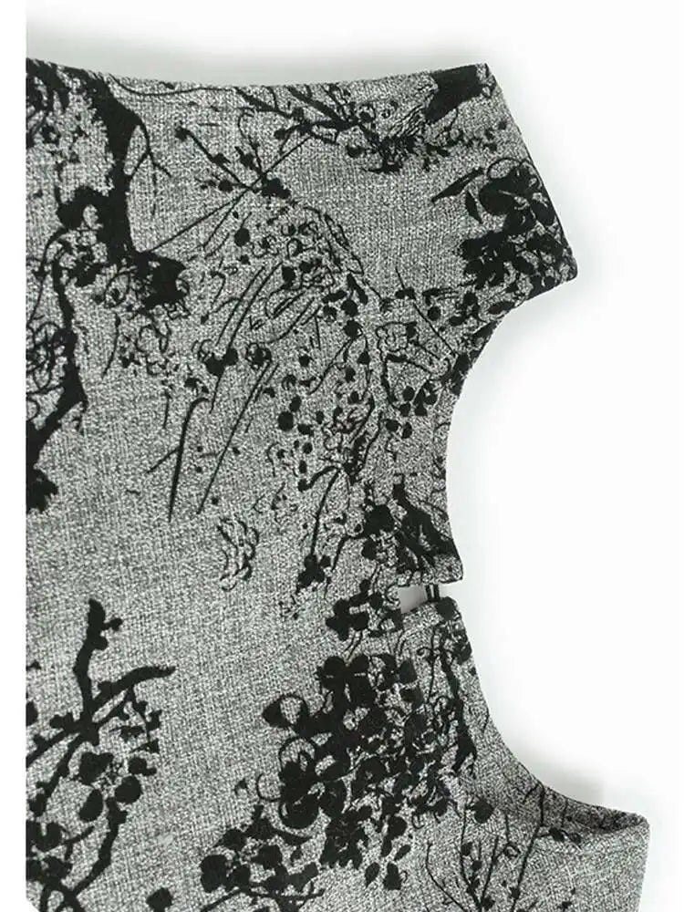 Women Gray Printed Vintage Hem Pleated Big Size Vest Dress New Round Neck Sleeveless Fashion Spring Autumn 2025 1DH9454
