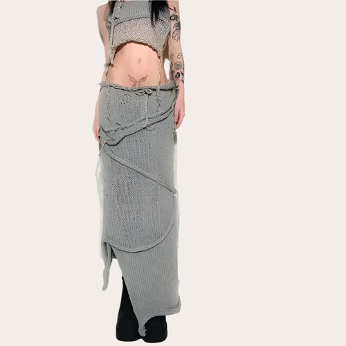 Load image into Gallery viewer, Distressed Knitted Sweater Dress Trashy Y2k Summer Outfits Two Piece Set Woman Fringe Long Skirt and Top P71-GZ46
