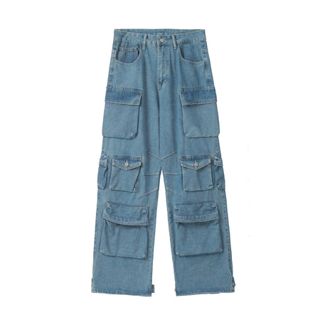 Washed Multiple Pockets Patchwork Loose Trendy Straight Leg Men's Pants Casual Solid Color Male Trousers Niche 24E1051