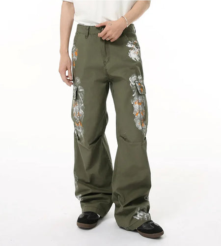Men's Cargo Jeans New Summer American High Street Paint Design Multi Pockets Loose Male Bottoms Fold Design 2025 9W1685