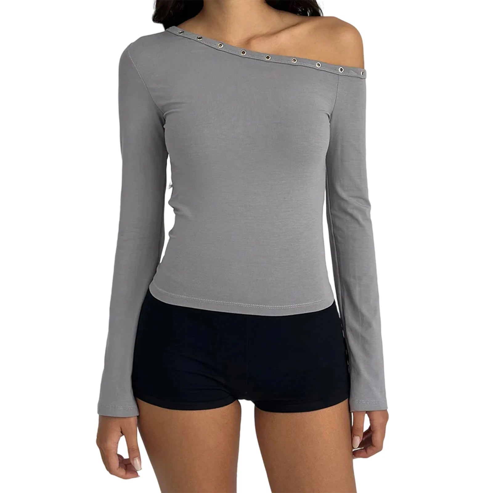 y2k Aesthetic Tops Women Clothes Solid Color Off One Shoulder Long Sleeve Cropped T Shirts 2000s Clothing Streetwear