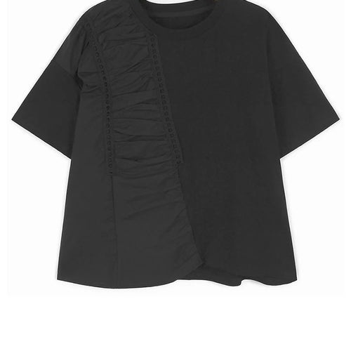 Load image into Gallery viewer, Women Green Pleated Irregular Spliced Big Size T-shirt New Round Neck Short Sleeve Fashion Tide Spring Summer 2025 1DJ1120
