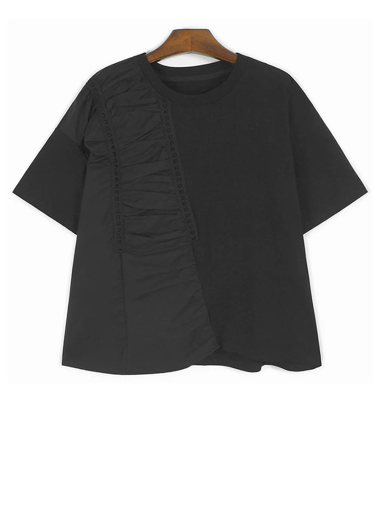 Women Green Pleated Irregular Spliced Big Size T-shirt New Round Neck Short Sleeve Fashion Tide Spring Summer 2025 1DJ1120