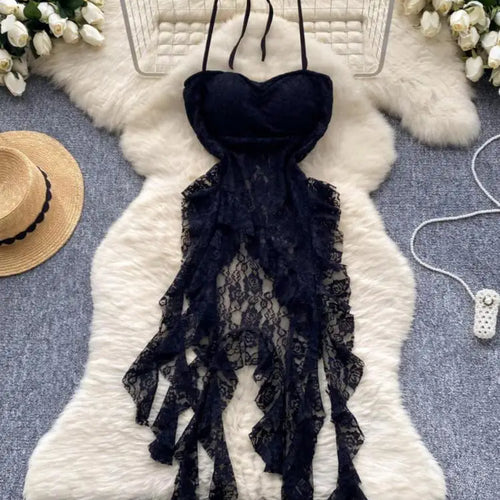Load image into Gallery viewer, Retro Black White Elegant Ruffles Halter Lace-up Irregular Lace Long Dress Women Summer New Beige Sleeveless Evening Party Dress
